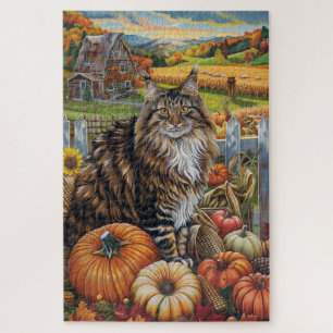 Maine Coon Cat  Autumn Harvest Thanksgiving Jigsaw Puzzle