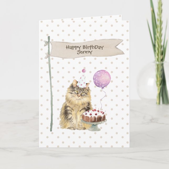 Maine Coon Cat Birthday Polka Dots Holiday Card (Front)
