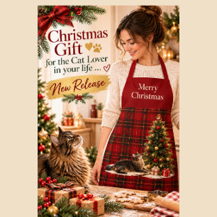 Maine Coon Cat Christmas Apron Red Tartan Plaid