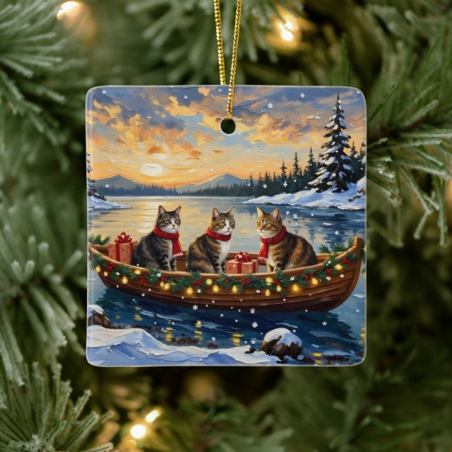 Maine Coon Cat Christmas Boat Holiday Ceramic Ornament (Tree)