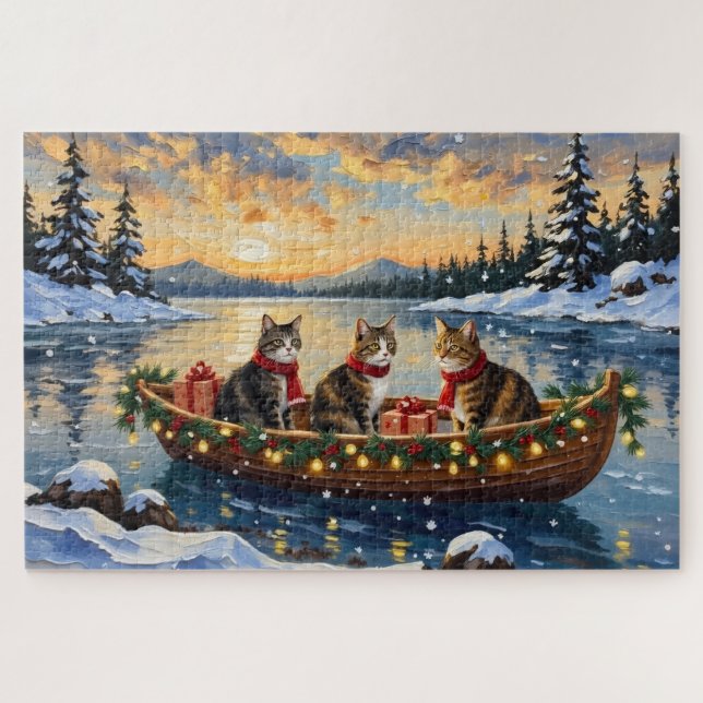 Maine Coon Cat Christmas Boat Holiday Jigsaw Puzzle (Horizontal)