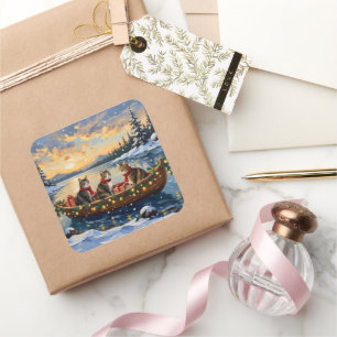 Maine Coon Cat Christmas Boat Holiday Square Sticker