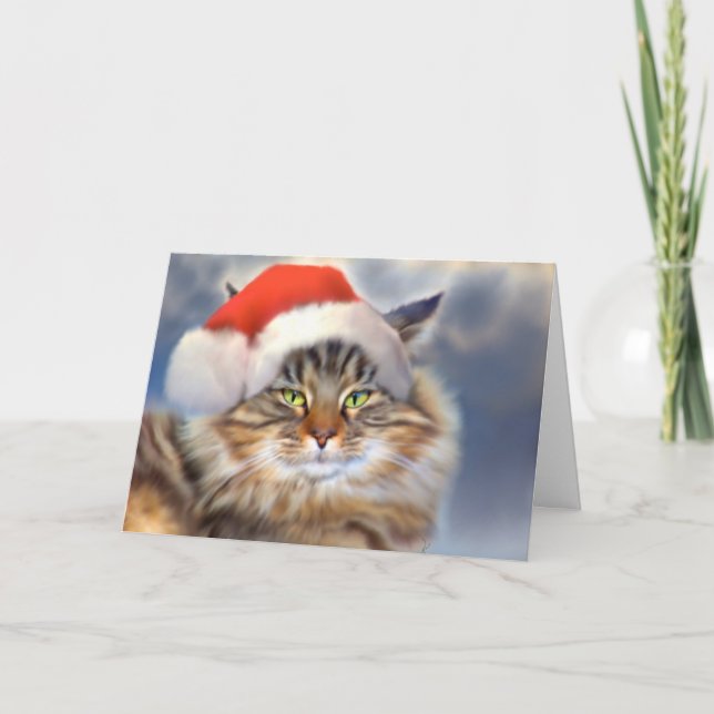 Maine Coon Cat Christmas Portrait Card (Front)