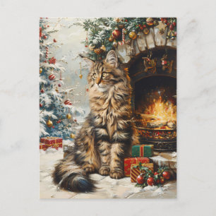 Maine Coon Cat Christmas Vintage Postcard