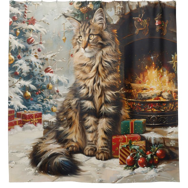 Maine Coon Cat Christmas Vintage Shower Curtain (Front)