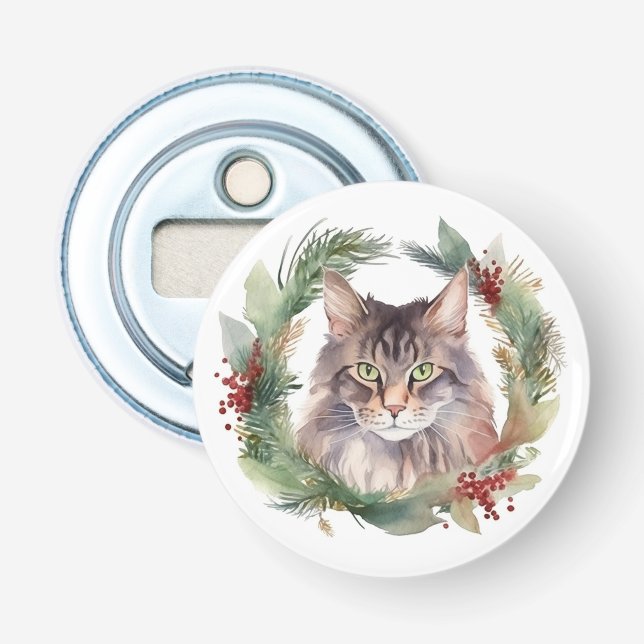Maine Coon Cat Christmas Wreath Festive Kitten Bottle Opener (Front)