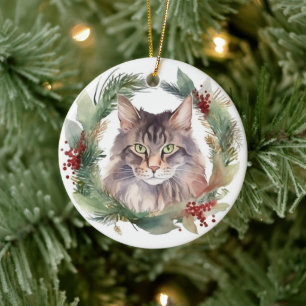 Maine Coon Cat Christmas Wreath Festive Kitten Ceramic Tree Decoration