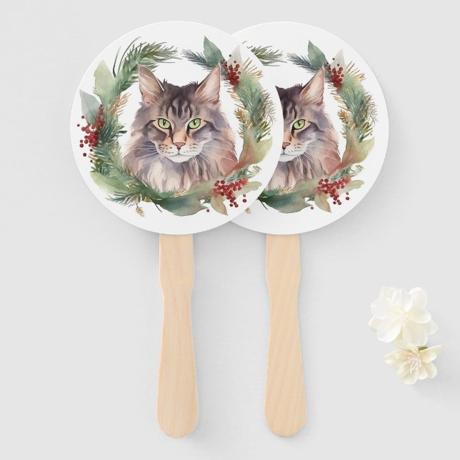 Maine Coon Cat Christmas Wreath Festive Kitten Hand Fan (Front and Back)