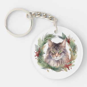 Maine Coon Cat Christmas Wreath Festive Kitten Key Ring