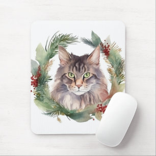 Maine Coon Cat Christmas Wreath Festive Kitten Mouse Mat