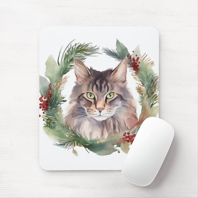 Maine Coon Cat Christmas Wreath Festive Kitten Mouse Mat (With Mouse)