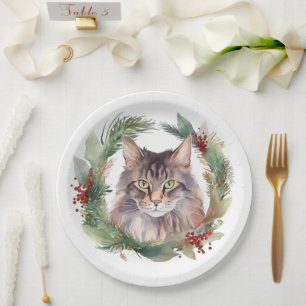 Maine Coon Cat Christmas Wreath Festive Kitten Paper Plate