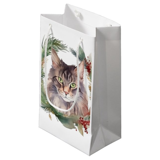 Maine Coon Cat Christmas Wreath Festive Kitten Small Gift Bag (Front Angled)