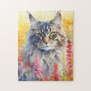 Maine Coon cat colourful watercolor artwork Jigsaw Puzzle