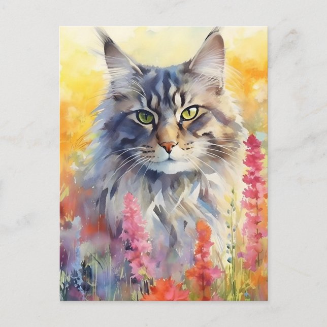 Maine Coon cat colourful watercolor artwork Postcard (Front)