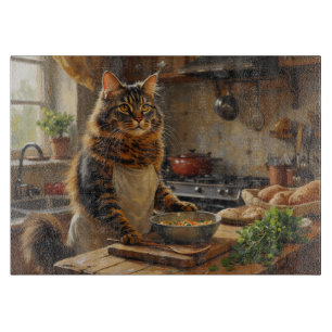 Maine Coon Cat Cooking in Kitchen Cutting Board