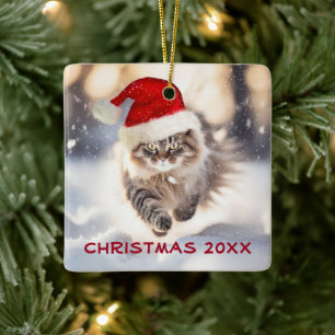 Maine Coon Cat Dashing Through The Snow Ceramic Ornament