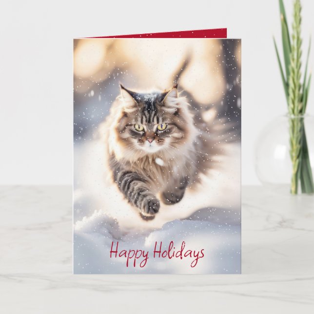 Maine Coon Cat Dashing Through The Snow Holiday Card (Front)