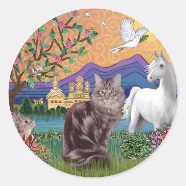 Maine Coon Cat - Fantasy Land Classic Round Sticker (Front)