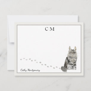 Maine Coon Cat Grey Border Monogram Name Note Card