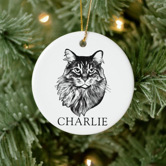 Maine Coon Cat Hand Drawing Personalised Ceramic Tree Decoration (Tree)