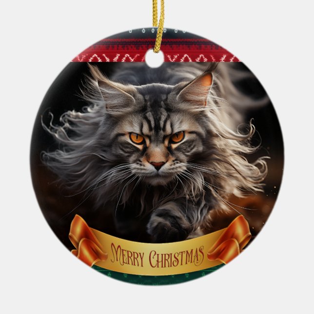 Maine Coon Cat hunting Ceramic Tree Decoration (Front)