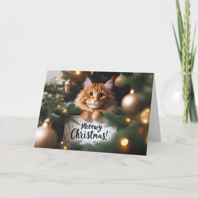 Maine Coon Cat in a Christmas Tree Card (Front)