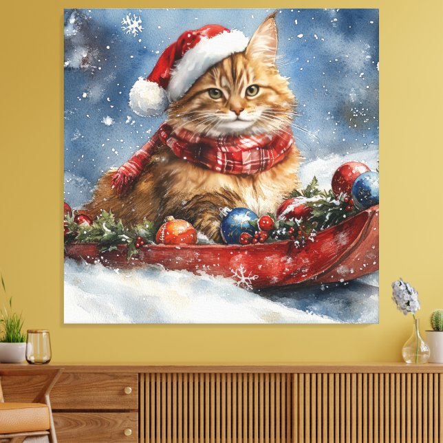 Maine Coon Cat in Sledge Let it Snow Christmas Canvas Print (Insitu(LivingRoom))