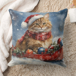 Maine Coon Cat in Sledge Let it Snow Christmas Cushion