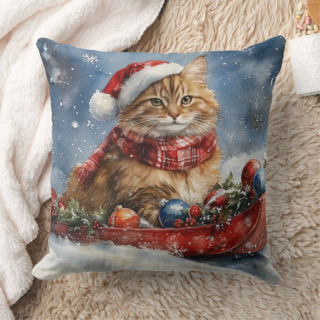Maine Coon Cat in Sledge Let it Snow Christmas Cushion (Blanket)