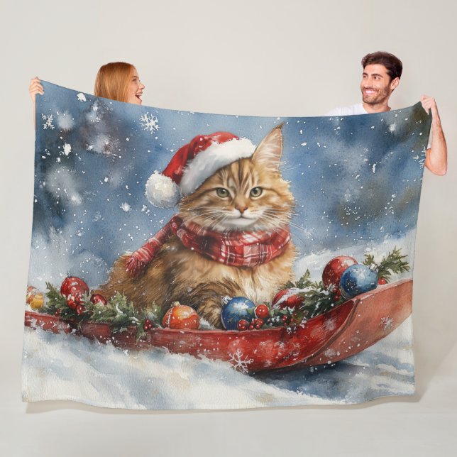 Maine Coon Cat in Sledge Let it Snow Christmas Fleece Blanket (In Situ)