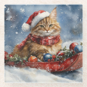 Maine Coon Cat in Sledge Let it Snow Christmas Glass Coaster