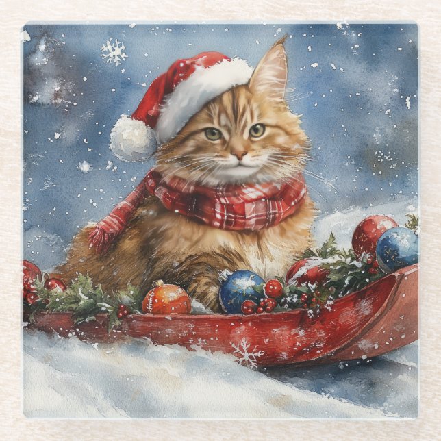 Maine Coon Cat in Sledge Let it Snow Christmas Glass Coaster (Front)
