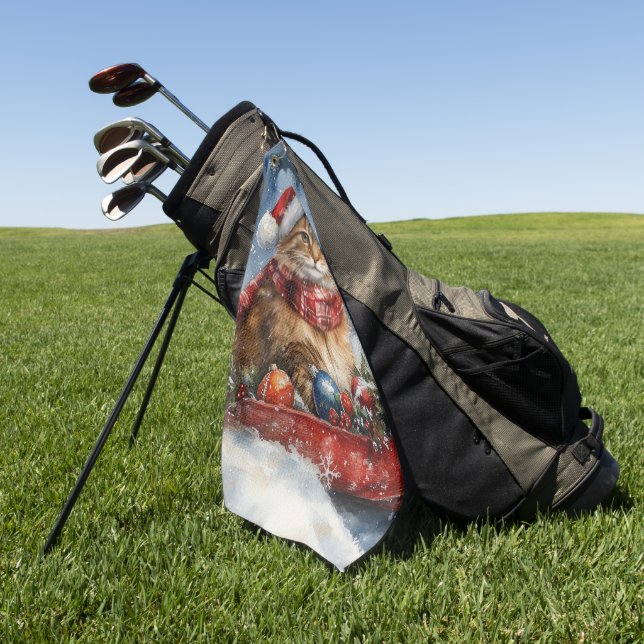 Maine Coon Cat in Sledge Let it Snow Christmas Golf Towel (Green)