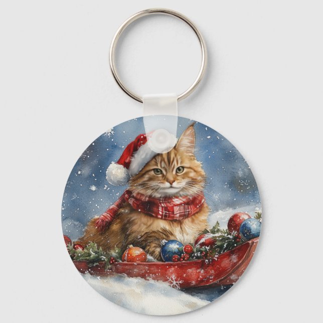 Maine Coon Cat in Sledge Let it Snow Christmas Key Ring (Front)