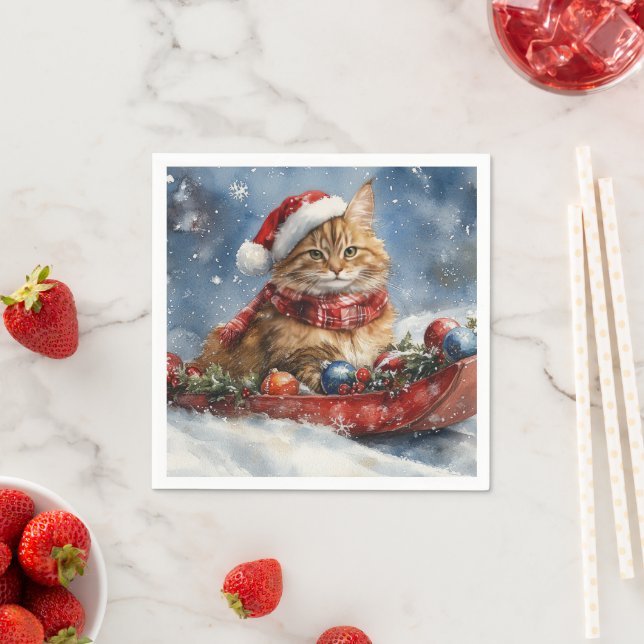 Maine Coon Cat in Sledge Let it Snow Christmas Napkin (Insitu)