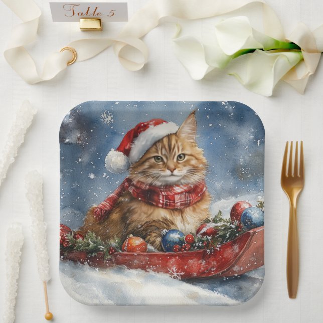 Maine Coon Cat in Sledge Let it Snow Christmas Paper Plate (Wedding)