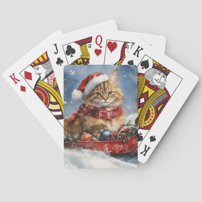 Maine Coon Cat in Sledge Let it Snow Christmas Playing Cards (Back)