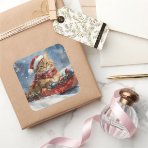 Maine Coon Cat in Sledge Let it Snow Christmas Square Sticker