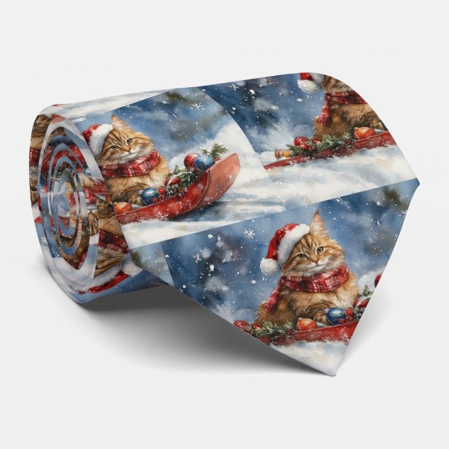 Maine Coon Cat in Sledge Let it Snow Christmas Tie (Rolled)