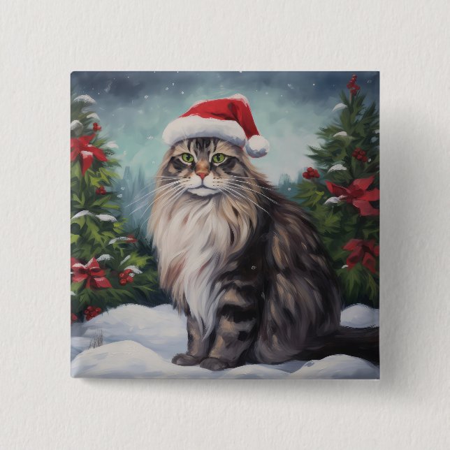 Maine Coon Cat in Snow Christmas 15 Cm Square Badge (Front)