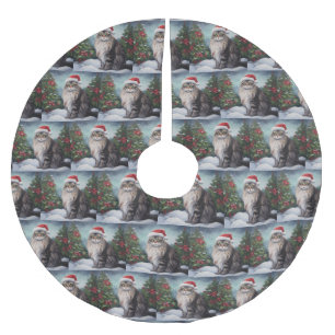 Maine Coon Cat in Snow Christmas Brushed Polyester Tree Skirt