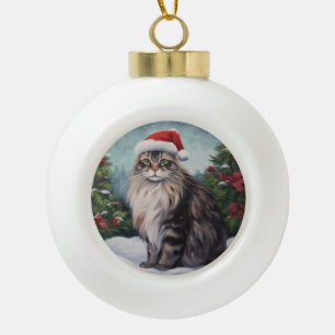 Maine Coon Cat in Snow Christmas Ceramic Ball Christmas Ornament