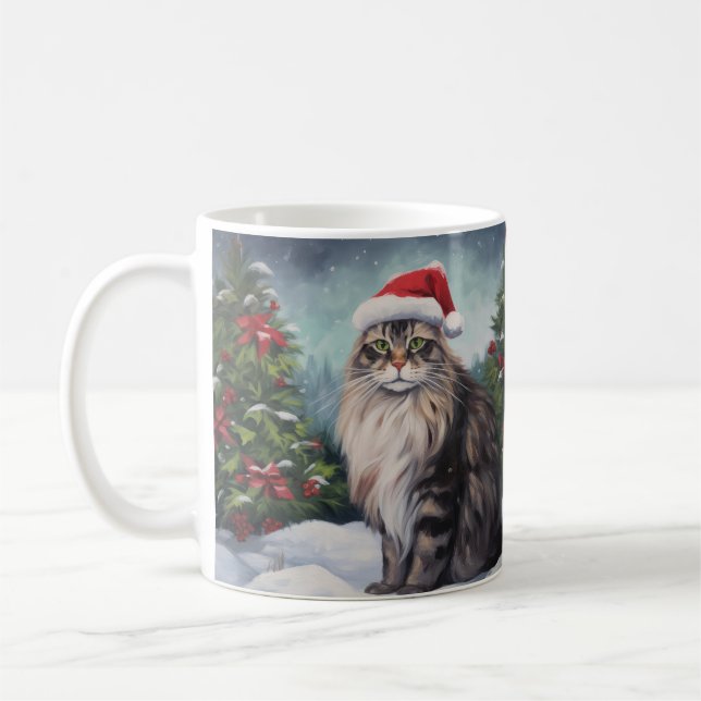 Maine Coon Cat in Snow Christmas Coffee Mug (Left)