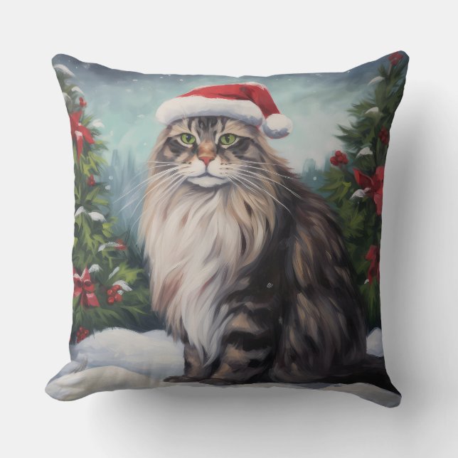 Maine Coon Cat in Snow Christmas Cushion (Front)