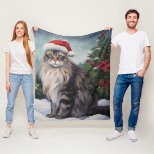 Maine Coon Cat in Snow Christmas Fleece Blanket