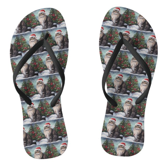 Maine Coon Cat in Snow Christmas Flip Flops (Footbed)