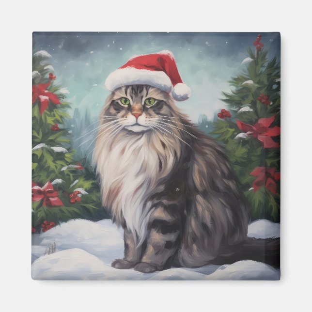 Maine Coon Cat in Snow Christmas Magnet (Front)