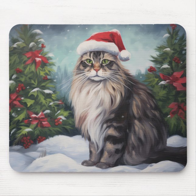 Maine Coon Cat in Snow Christmas Mouse Mat (Front)