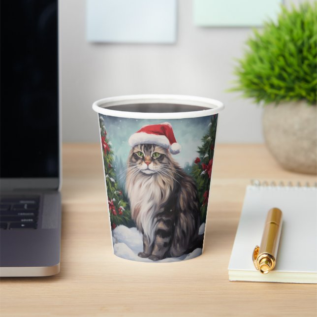 Maine Coon Cat in Snow Christmas Paper Cups (Insitu)